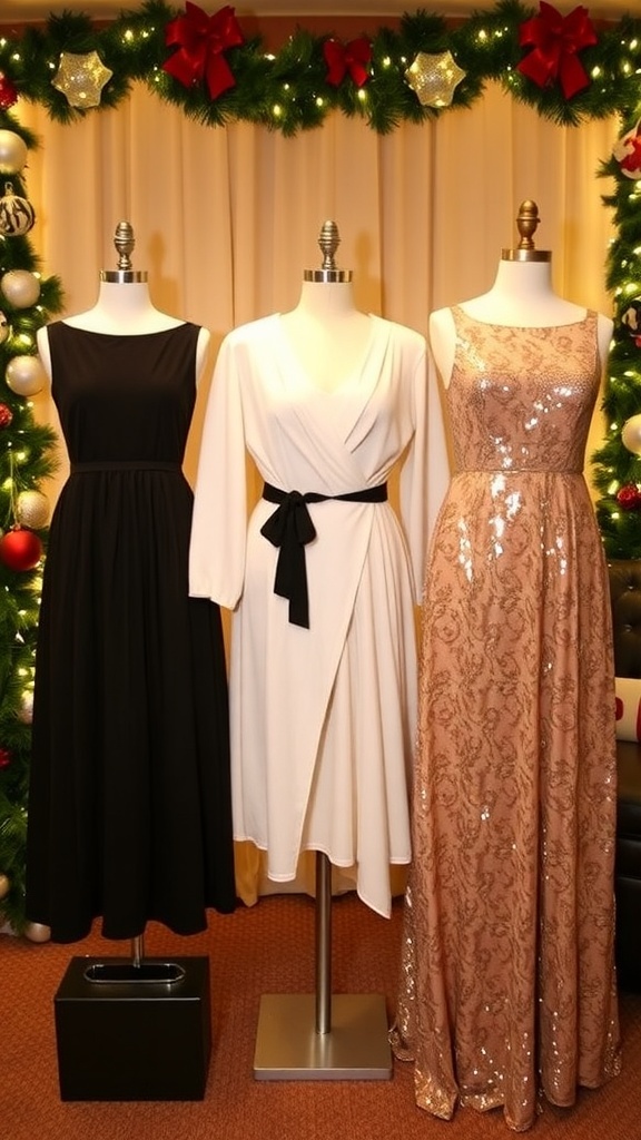 A variety of plus size Christmas dresses in different styles displayed with holiday decorations.